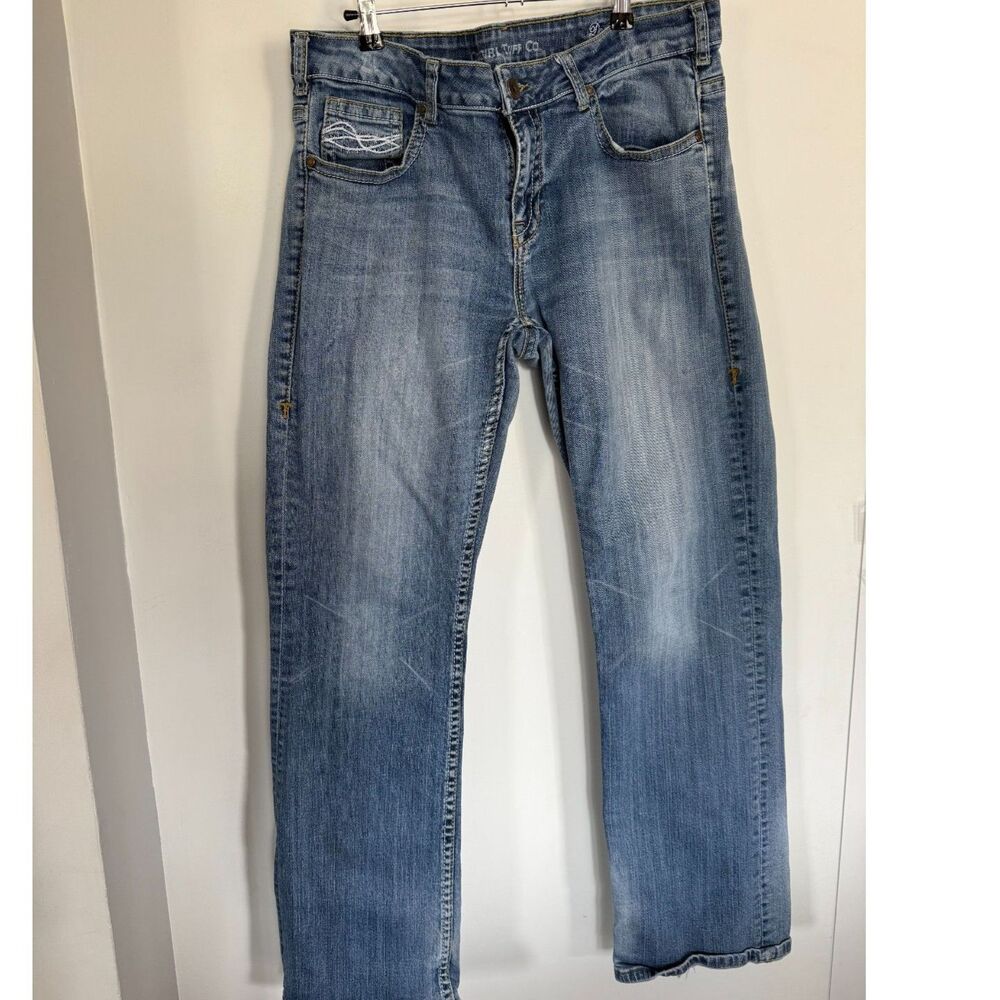 Cowgirl Tuff Co Don't Fence me In Jeans sz 34x33 Boot Cut Frayed bottoms RODEO